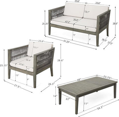 Christopher Knight Home Outdoor Acacia Wood Patio Set, 4-Pieces Patio Conversation Set, Outdoor Furniture with Coffee Table, Patio Deep Seating with Cushion, Porch Chairs for Garden, Grey+Beige
