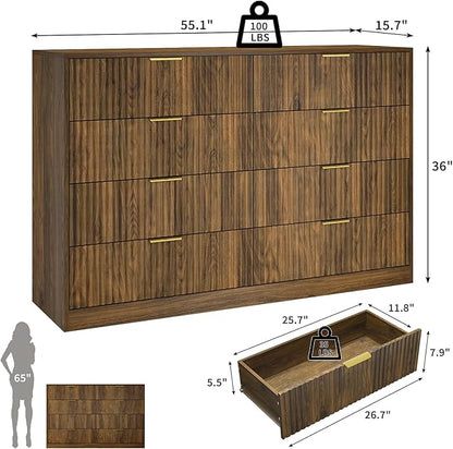 Fluted 8 Drawer Double Dresser Wood,55” Wide Bedroom Dresser Mid Century Chest of Drawers Wooden with Gold Handle,Dressers TV Stand for Bedroom,Living Room,Walnut