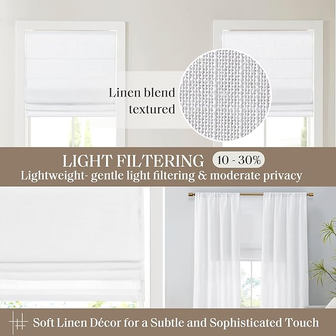 Madison Park Kyler Cordless Roman Shades - Single Panel, Lightweight Linen Blend Fabric, Natural Design, Easy Installation, Light Filtering Window Blind, Bedroom, Living Room Decor 35"W x 64"H White