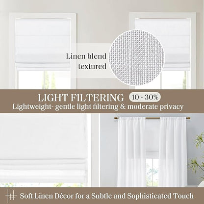 Madison Park Kyler Cordless Roman Shades - Single Panel, Lightweight Linen Blend Fabric, Natural Design, Easy Installation, Light Filtering Window Blind, Bedroom, Living Room Decor 31"W x 64"H White