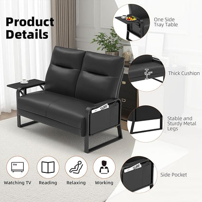 Faux Leather Loveseat, Upholstered Loveseat with Side Tray Table & Storage Pocket, Small Loveseat for Living Room, Modern 2 Seater Sofa Couch for Small Spaces, Bedroom, Black