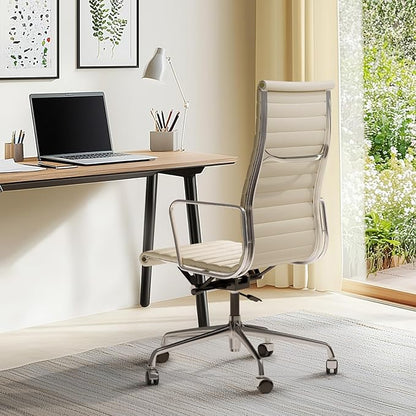 Ribbed Office Chair with Top Grain Leather - High Back Ergonomic Desk Chair with Aluminum Arms & Frame, Swivel Wheels & Tilt Function, Adjustable Height