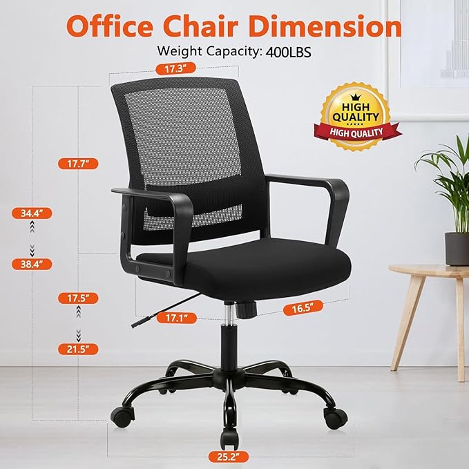 CLATINA Ergonomic Desk Chair, Mid Back Mesh Computer Chair with Lumbar Support and Armrest, Height Adjustable Swivel Chair for Home Office, Black (4PK)