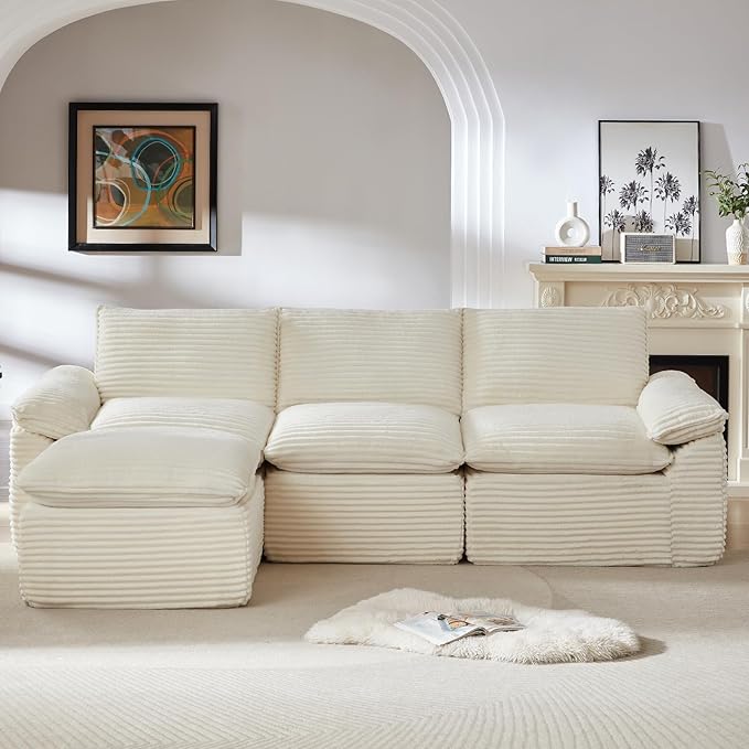 113.03" Sectional Couches for Living Room Modern Modular Sofa with L-Shape Couchs Upholstered Corduroy Boneless Couch Deep Seat Cloud Couch with Ottoman, No Assembly Required, White