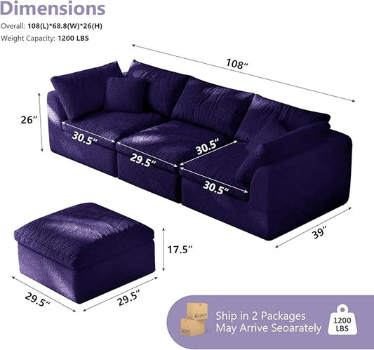 108" Boneless Cloud Couch Modular Sectional Sofa with Deep Seat for Living Room, L Shape Couch with Ottoman, Snowflake Cloth and 40D Memory Sponge，2 Throw Pillows (Purple, 3 Seater+1 Ottoman)