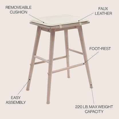 JONATHAN Y BSL2002B Peroni 30.5" MidCentury Classic Saddle-Seat Solid Wood/Vegan Leather Backless Bar Stool with Removeable Cushion for Pool, Deck, Poolside, Brown/Light Teak (Set of 2)