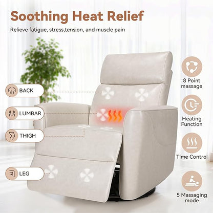 Himimi Power Massage Recliner Chair, Oversized Swivel Rocker Chair with Massage and Heat, Glider Recliner for Adults, USB Charging, Side Pocket, Nursery, Living Room, Bedroom, Ivory