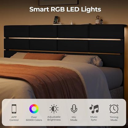 Full/Queen Size Upholstered Velvet Headboard, Adjustable Head Boards with LED Light & Charging Station, Bed Headboard Only, Attach Frame, Study & Comfortable, Ideal for Bedroom, Dorm, Black
