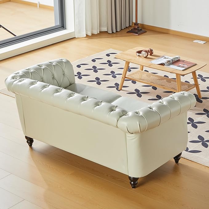 LEVNARY Leather Sofa, Chesterfield Tufted Upholstered 2 Seater Couch, Modern Loveseat Couch Classic Furniture for Living Room Bedroom (Cream White)