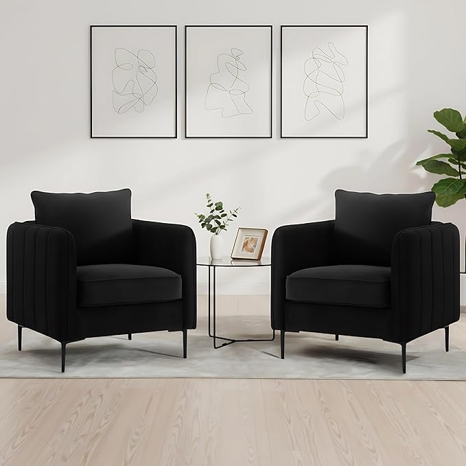 Velvet Accent Chair Set of 2, Comfy Upholstered Single Sofa Chair Mid-Century Modern Armchair with Thick Cushion and Wood Frame Side Chair for Living Room Bedroom Apartment (Black)