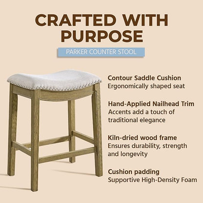 ROME + OAK Set of 2 Parker 26" Counter Stool, Backless Saddle Kitchen Barstool in Natural Wood Finish with Wheat Cream Fabric Upholstery Cushion Seat