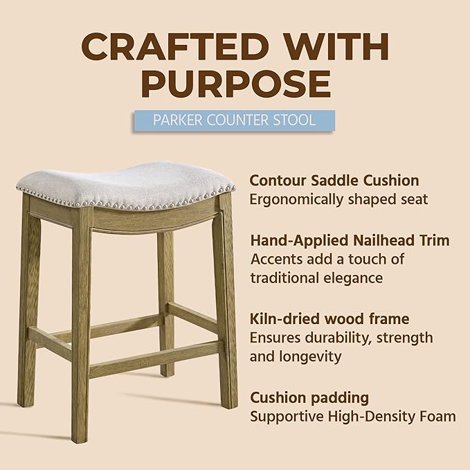 ROME + OAK Set of 3 Parker 26" Counter Stool, Backless Saddle Kitchen Barstool in Natural Wood Finish with Wheat Cream Fabric Upholstery Cushion Seat