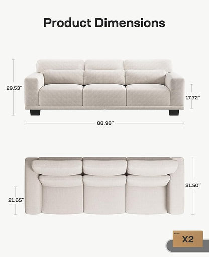 Marsail Modern 89 Inch Linen Fabric Sofa, 3-Seater Couch with Wide Armrests, Deep Cushions & Removable Washable Covers, Comfortable Living Room Furniture, Beige