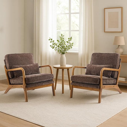 Karl home Mid Century Modern Accent Chair with Lumbar Pillow & Oak Arms – Plush Chenille Living Room Chair for Bedroom, Lounge (Brown)