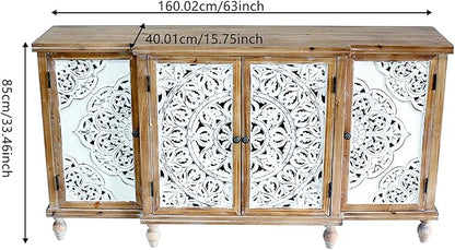 Accent Cabinet with 4 Doors, Hollow Carved Storage Sideboard, Wood Buffet Cabinet for Living Room, Dining Room, Entryway (4-Door 3 Compartment)