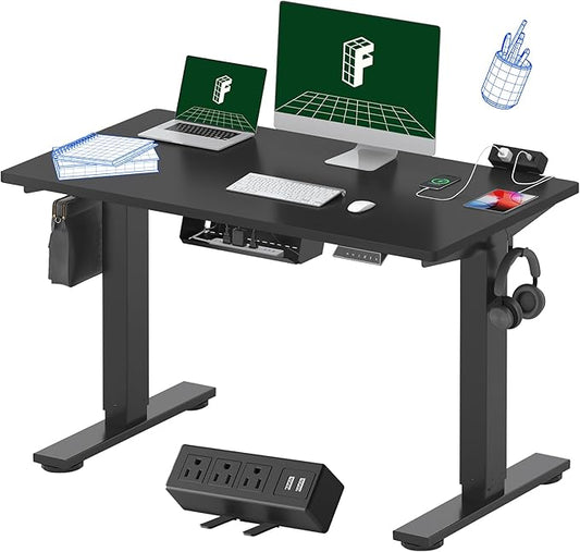 FLEXISPOT EN2 Whole-Piece Standing Desk with Clamp Power Strip, 48x24'' Electric Stand Up Height Adjustable Desk with Cable Management (Black Frame + 48" Black Table Top)