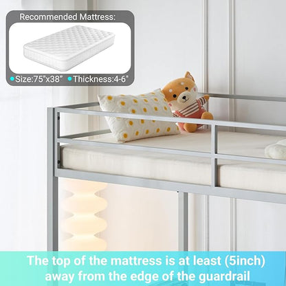 Karl home Twin Metal Loft Bed with Desk, with Power Outlet and LED Lighted, Safety Guardrail & Ladder, Space Saving, No Noise, No Box Spring Needed, Grey