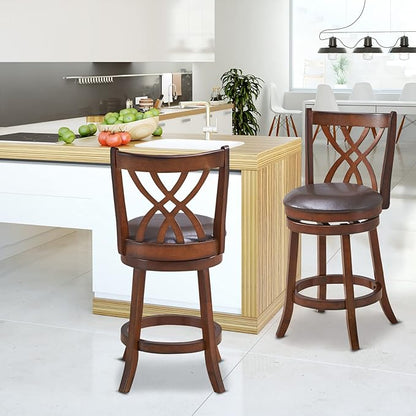 COSTWAY Bar Stools Set of 2, 360° Swivel Chairs with Rubber Wood Frame, 26 Inches PU Leather Cushioned Seat and Footrests, for Kitchen Island, Dining Room, Bar (Brown-26 inches, 2 stools)