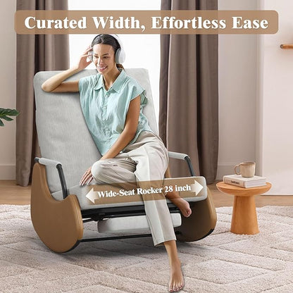 Upholstered Recliner Rocking Chair Nursery with Adjustable Backrest and Footrest, Comfy Corduroy Foldable Glider Chair for Bedroom & Living Room, Beige