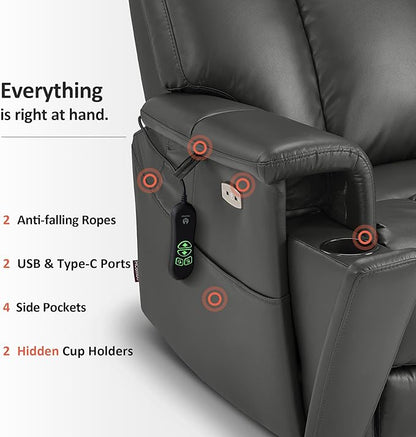 MCombo Heavy Duty Lift Chair for Elderly, Extra Wide Dual Motor Power Lift Recliner 450lbs with Hidden Cup Holders, USB Charging, Breathable Faux Leather R7777 (Grey)