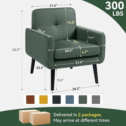 Accent Chair Set of 2, Fabric Modern Chair with Wooden Frame, Cozy Armchair Reading Chair with Comfy Back for Apartment, Living Room, Bedroom, Waiting Room, Small Space, Corner, Green