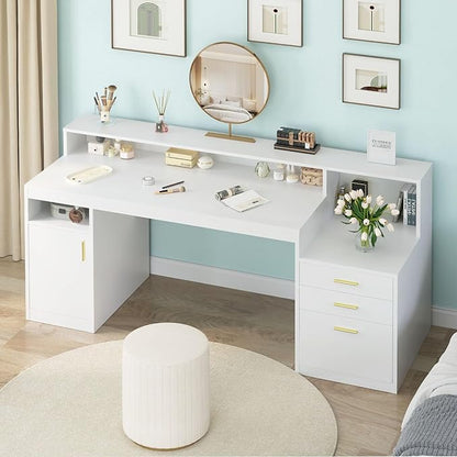 Computer Desk with 3 Drawer & Storage Shelves, Home Office Desk with File Drawer & Cabinet, Writing Study Table with Long Monitor Stand & Printer Shelf, Executive Desk, White