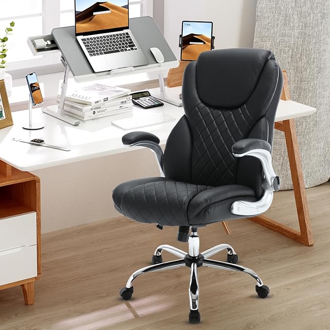 Executive Office Chair, High Back Faux Leather Ergonomic Office Desk Chairs with Wheels, 90-120° Rocking Managerial Swivel Home Computer Chairs with Flip up Arms Lumbar Support(Black)