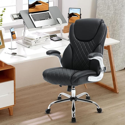 Executive Office Chair, High Back Faux Leather Ergonomic Office Desk Chairs with Wheels, 90-120° Rocking Managerial Swivel Home Computer Chairs with Flip up Arms Lumbar Support(Black)