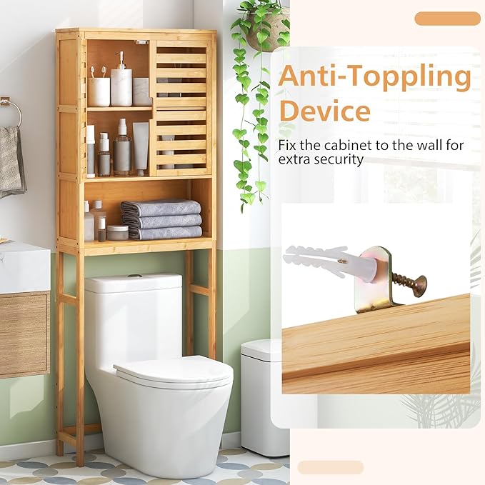 Tangkula Over The Toilet Storage Cabinet, Bamboo Bathroom Space Saver with 2 Doors, Adjustable Bottom Bar, Open Shelf, Freestanding Bathroom Cabinet Organizer Above Toilet for Restroom, Laundry Room