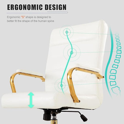 White and Gold Office Desk Chair, Modern Leather Conference Room Chairs, High Back Ergonomic Home ofiice Chair, Adjustable Height Swivel Executive Computer Chair with Padded Seat and Armrest