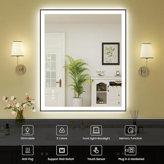 WTTY 30"X36" LED Bathroom Mirror with Black Frame, Bathroom Vanity Mirror with Lights for Wall, Front Light and Backlit, Anti-Fog, Dimmable, 3 Colors, Shatterproof, Memory, Horizontal/Vertical
