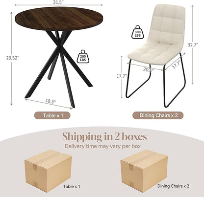 31.5" Round Dining Table Chairs Set for 2, Small Dining Table Chairs Set Space-Saving, Small Dinette Sets for 2 for Kitchen Dining Room Apartment(Walnut Table + Beige Chairs)