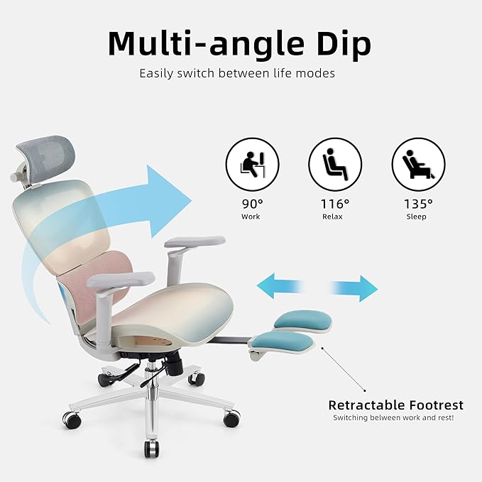 Ergonomic Home Office Desk Chair with Massage Lumbar Support，4D Headrest & 5D Armrests, Reclining Big and Tall 400LBS Mesh Chair with Footrest，Adjustable Back High and Seat Depth(Gray Rainbow)