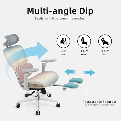 Ergonomic Home Office Desk Chair with Massage Lumbar Support，4D Headrest & 5D Armrests, Reclining Big and Tall 400LBS Mesh Chair with Footrest，Adjustable Back High and Seat Depth(Gray Rainbow)