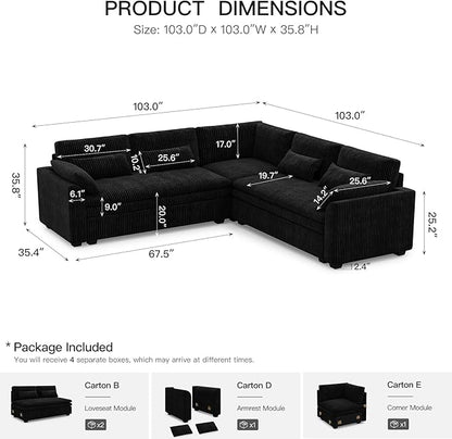 Belffin Large Modular Sectional Sofa with Double 61" Loveseat, Corduroy Corner Couch with 9" Soft Dual-Layer Seats Cushion for Living Room, Apartment, Small Sapce, Black