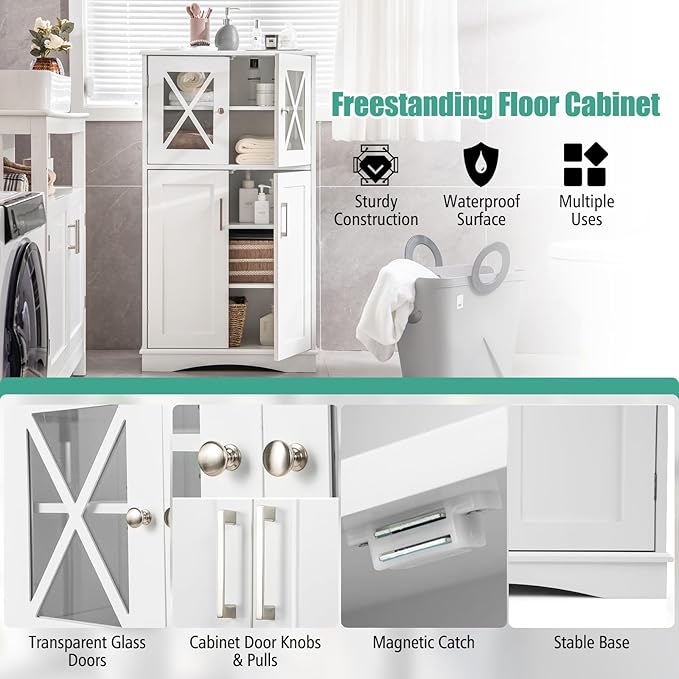 Giantex Bathroom Floor Storage Cabinet - Linen Floor Cabinet with Doors and Adjustable Shelves, Freestanding Side Storage Organizer for Bathroom, Living Room, Entryway, Kitchen Storage Unit (White)