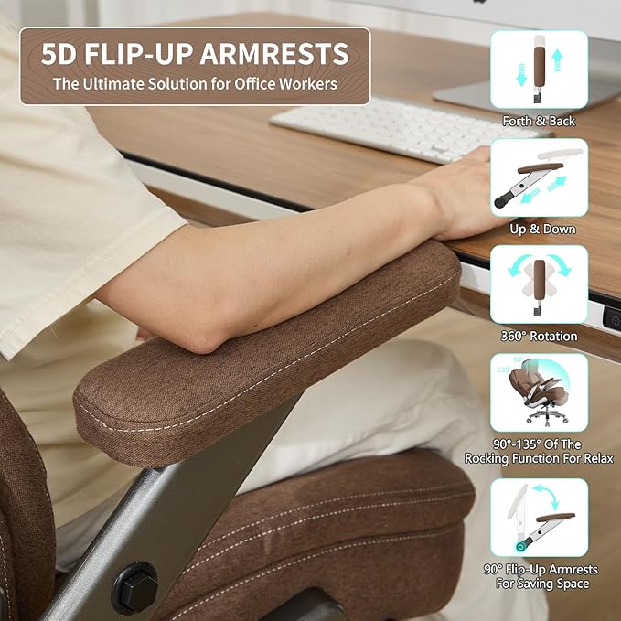 Big and Tall Office Chair, 600lbs Heavy Duty Desk Chair with 5D Arms, Adjustable Lumbar Support & Height, Tilt Function, Fabric High Back Ergonomic Executive Computer Chair with 3'' Casters