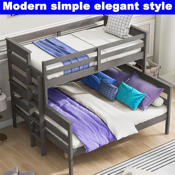 Upgraded Version Thicken Solid Wood Twin XL Over Queen Bunk Bed, Stronger Queen Size Bunk Bed Frame, Convertible into 2 Beds for Adult, Easy to Assemble (Grey,Twin XL Over Queen)