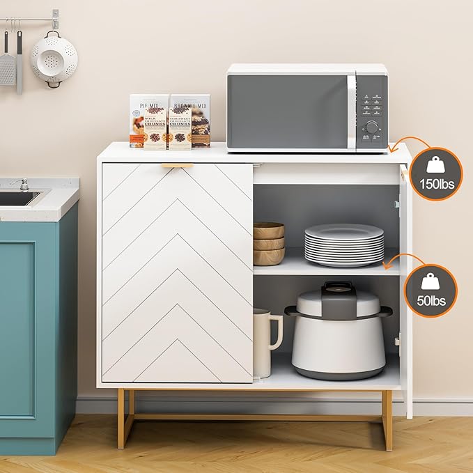 Scurrty Sideboard Buffet, Storage Cabinet with Golden Legs, White Sideboard Storage Cabinet with 2 Doors and Adjustable Shelf, Accent Cabinet for Living Room, Kitchen