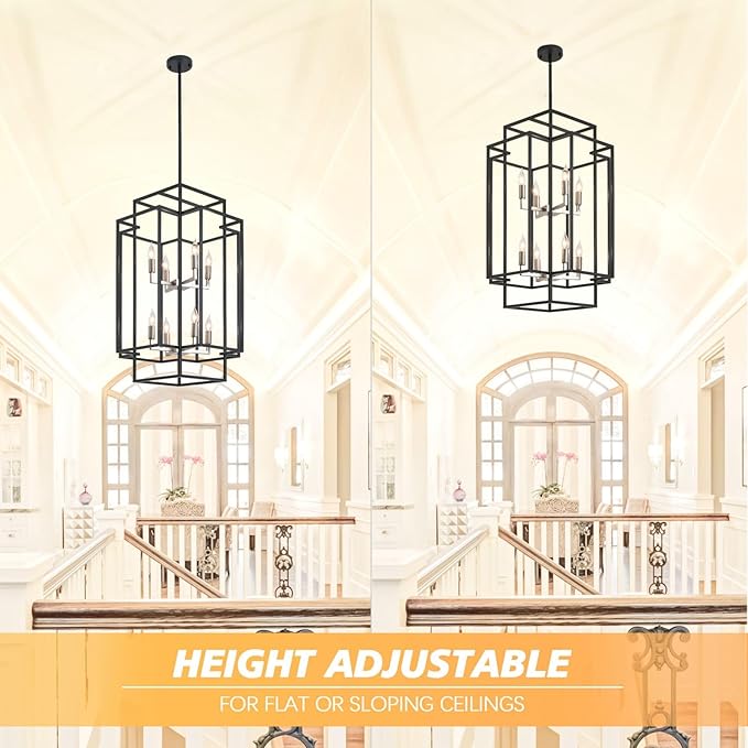 High Ceiling Foyer Chandelier: 8-Light Farmhouse Lantern Chandeliers for Entryway Industrial Large Pendant Light Fixtures for Entry Staircase Hallway Dining Room Kitchen Island, Black & Silver