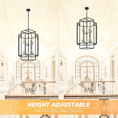 High Ceiling Foyer Chandelier: 8-Light Farmhouse Lantern Chandeliers for Entryway Industrial Large Pendant Light Fixtures for Entry Staircase Hallway Dining Room Kitchen Island, Black & Silver