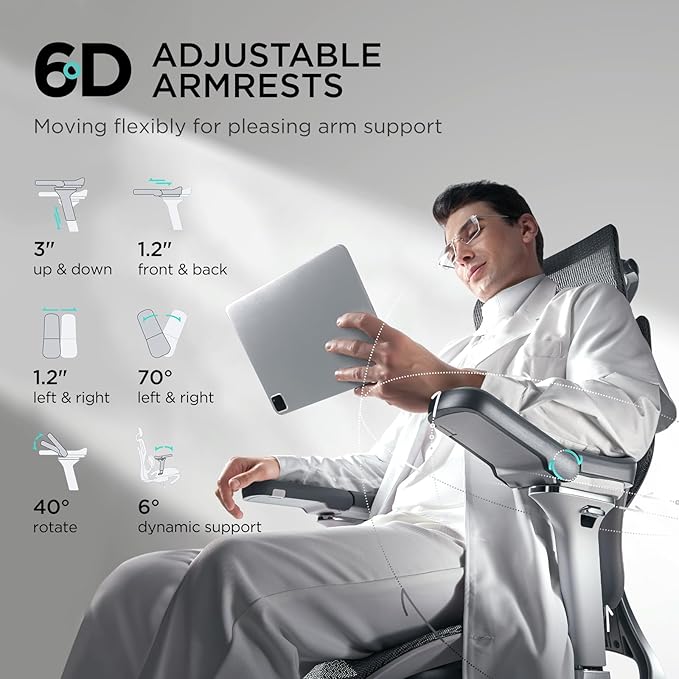 Hbada E3 Pro Ergonomic Office Chair, Big and Tall Office Chair - with 3-Zone Dynamic Lumbar Support, 4D Adjustable Headrest, 6D Adjustable Armrests, Swivel, Grey
