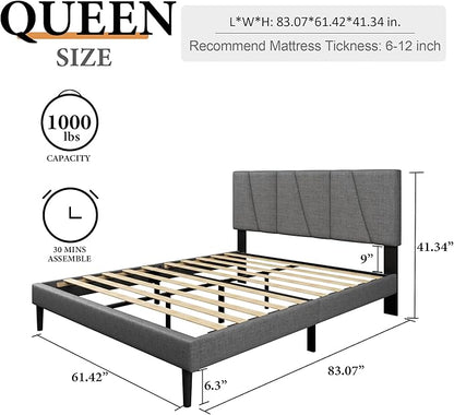 Queen Size Platform Bed Frame with Modern Upholstered Headboard, Wooden Slats Support, Noise Free, No Box Spring Needed, Easy Assembly, Dark Grey, Linen