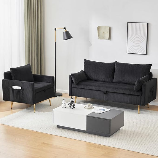 Furnimart 3-Seater Storage Sofa and Couch, Corduroy Loveseat with Accent Single Chair, Small Living Room Furniture Set for Apartment, Tiny Homes and Lofts, 2PC-Black