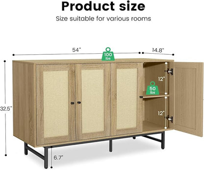 Sideboard Buffets Cabinet with 4 Rattan Doors, Large Storage Accent Cabinet Credenzas Modern Console Table for Living Room, Kitchen (Natural)