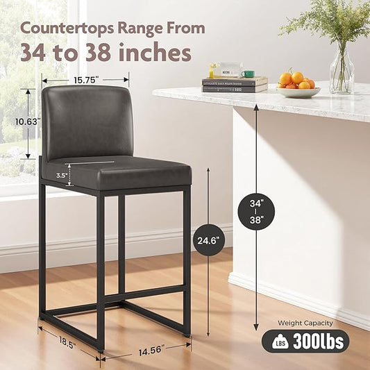 ALPHA HOME 24 Inch Bar Stools Set of 6, Kitchen Counter Stools with Backs, PU Leather Barstools, Kitchen Stools with Back&Upholstered Footrest, Sturdy Chromed Metal Steel Frame, Grey