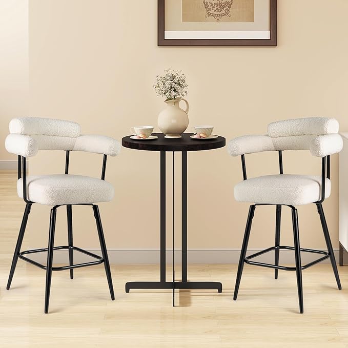 COSTWAY Counter Height Bar Stools Set of 2, 27" Swivel Modern Upholstered Counter Chairs with Boucle Fabric, Curved Backrests & Metal Legs, for Kitchen Island, Home, Pub (2, White + Black)