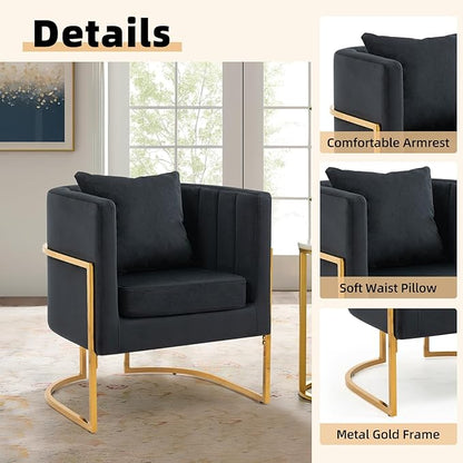 Velvet Modern Accent Chairs Set of 2, Upholstered Barrel Armchair Mid Century with Pillow for Living Room, Comfy Single Vanity Chair with Metal Gold Legs for Bedroom, Black