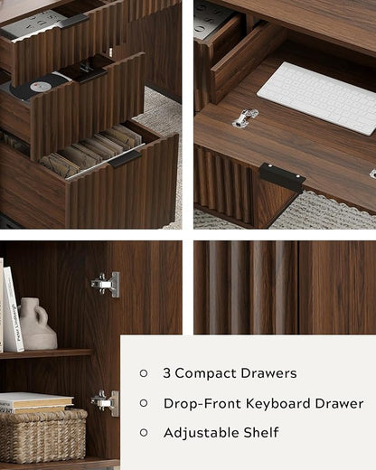 Modern Fluted Executive Desk with File Drawer, 55" Large Computer Desk with Storage and Charging Station, Wooden Home Office Desk for Workspace, Writing, Study, Brown