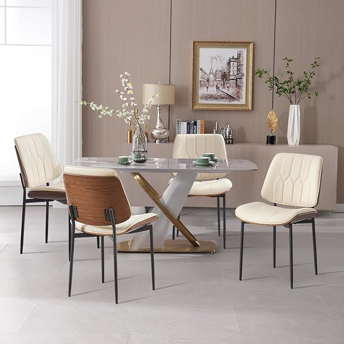 BV Mid Century Modern Dining Chairs Set of 6, Upholstered Pu Leather Armless Accent Chair with Walnut Bentwood Back, Retro Kitchen Chair for Dining Room, Living Room, Kitchen, Beige